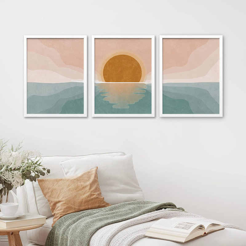 Coastal Beach Minimal Sunset Pastel Ocean Sun Nature Wall Art For Living Room, encadré, 3 pièces, Blanc