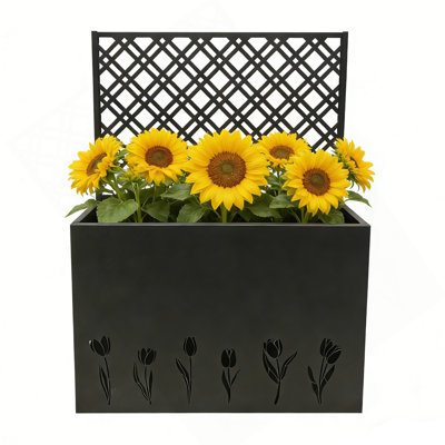 Tall Metal Planter Raised Garden Bed With Trellis 35.5In L X 11.9In W X 47.3In H - Large Flower Box Privacy Screen For Porch, Patio, Garden, Commercial Décor, Tulip Black