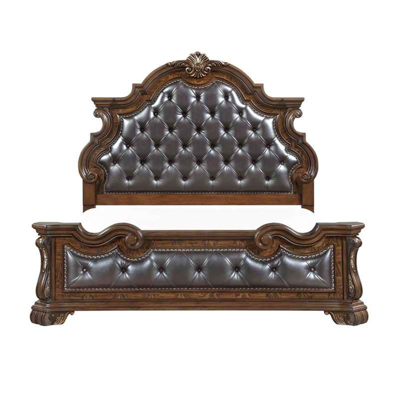 Lit de luxe formel traditionnel à finition brun foncé avec tête de lit capitonnée et détails complexes décoratifs dorés, meubles de chambre à coucher 1pc