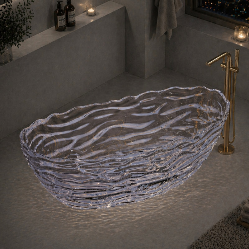 69" Freestanding Transparent Resin Soaking Bathtub - Clear Wavy Crystalline Luxury Tub