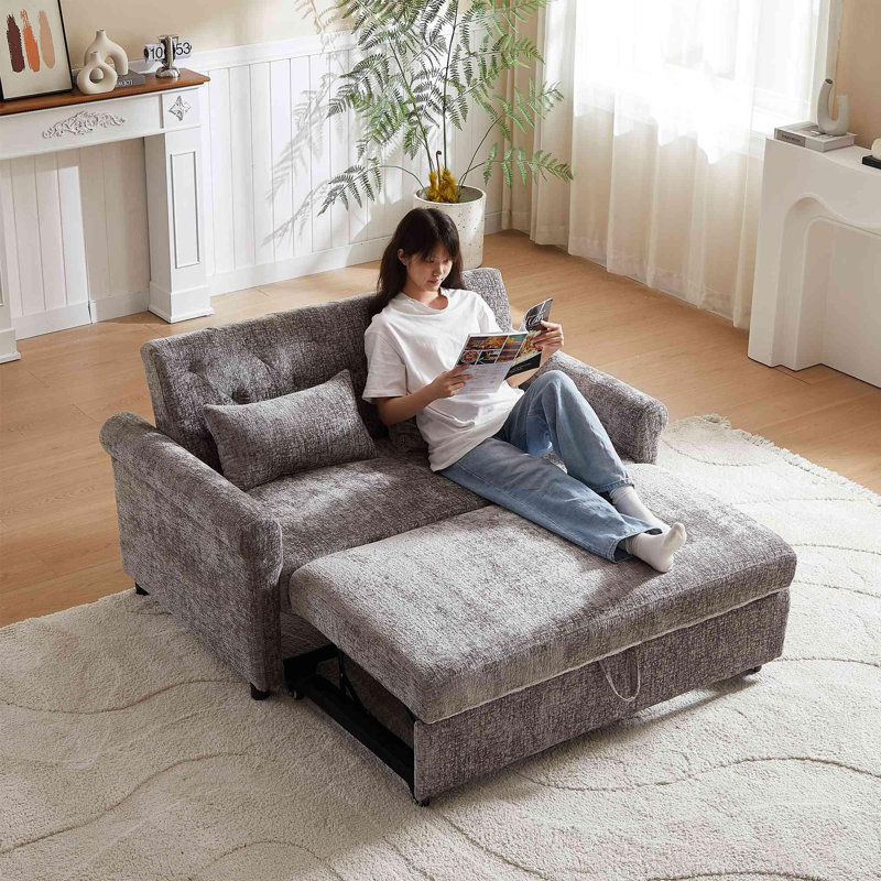  Classic pull-out sofa bed with cushioned seating, Chenille two-seater sofa with adjustable backrest, Light Brown Chenille