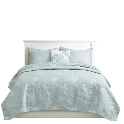 4 Piece Cotton Quilt For King/ King . Embroidered Starfish & . . Prewashed. Easy Maintenance. Machine Washable. Nautical Look Bedding. Bedding . Reversible With Embroidery. Fill. Seaside Serenity.