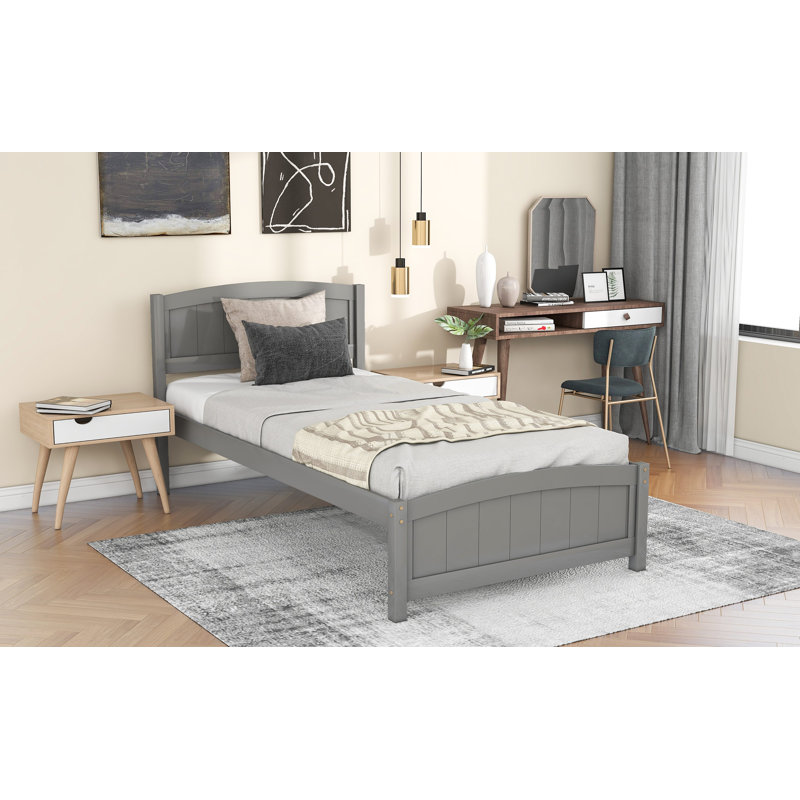 Lit plateforme en bois avec tête de lit, pied de lit et lattes en bois, Gris