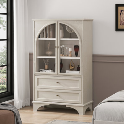Vintage White Glass Door Display Case with 2 Drawers and Adjustable Shelf, Spacious and Elegant Storage for Home and Office