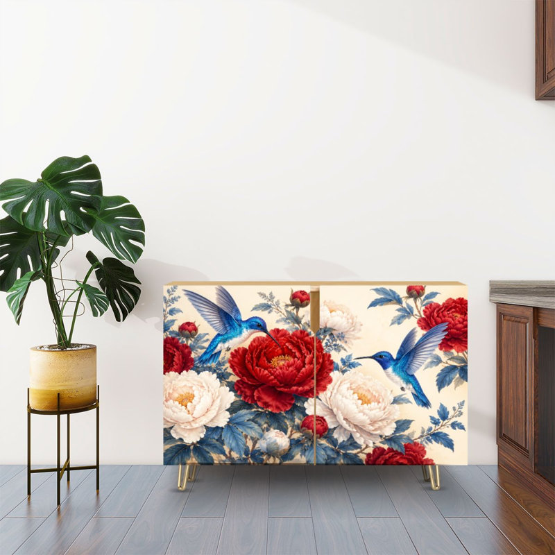 Buffet à deux portes avec colibris et pivoines, composition florale éclatante, console moderne, meuble de rangement en bois, dosseret pour cuisine, salle à manger, salon, entrée ou coin café.