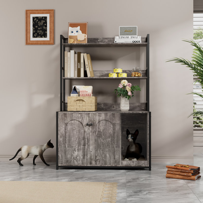 Large Cat Litter Box Enclosure with Shelf Storage, Hidden Washroom, Wooden House with Scratch Pad, Sturdy Indoor Burkey, Gray