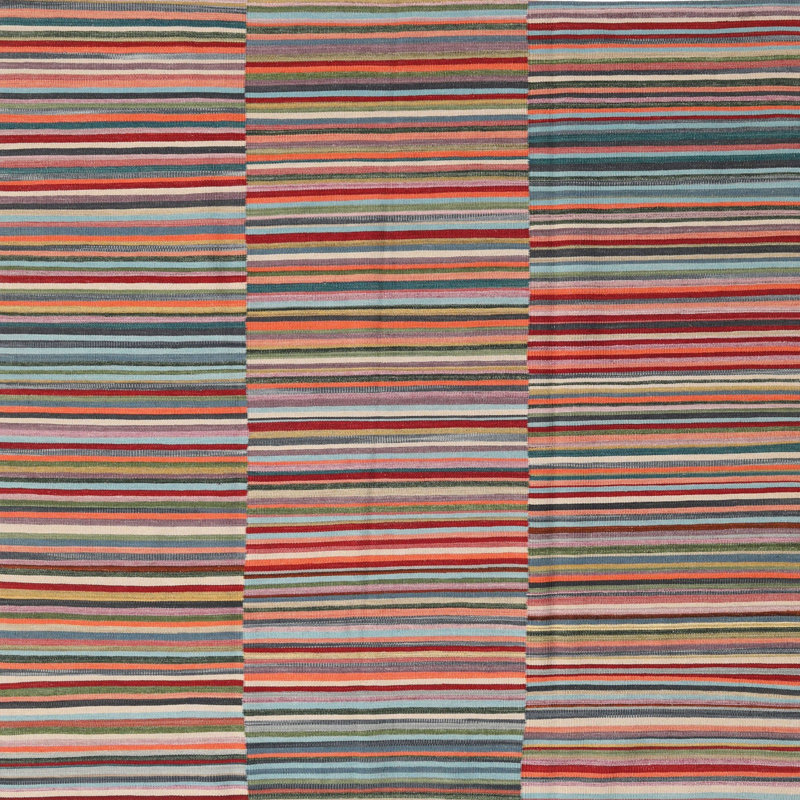 Tapis contemporain rouge / orange / bleu, Carré 5 pi