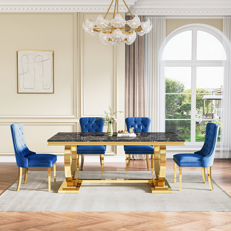 Rectangular 70.1"L X 35"W Dining Set, Bleu / doré, Noir et or, 5 pièces: table, 4 chaises