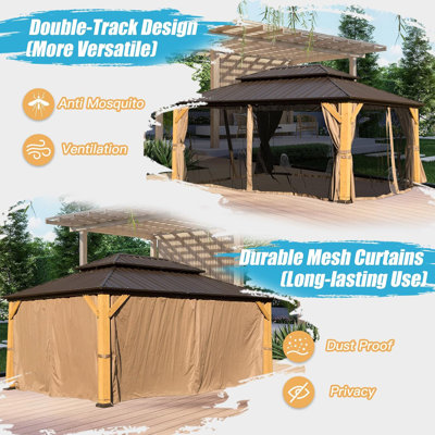 Cedar Wood Gazebo, Solid Wood Hardtop Gazebo With Galvanized Steel Double Roof, Netting & Curtains, Outdoor Gazebo For Patio, Backyard, Deck, Lawns