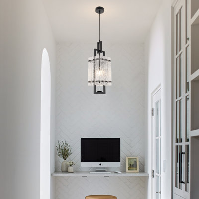 Modern Single Dimmable Matte Black Chandelier, Over Kitchen Island Hanging Water Ripple Glass Square Pendant Lighting  Fixtures For Kitchen Dining Room Hallway Foyer