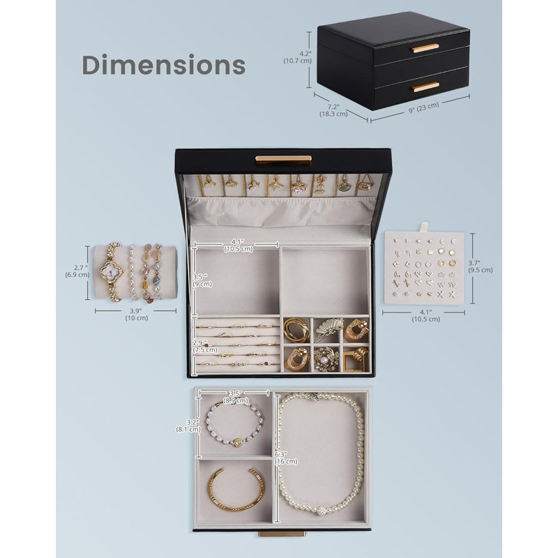 Organisateur de boîte à bijoux à 2 couches, support de boîte à bijoux avec tiroirs - noir, Noir