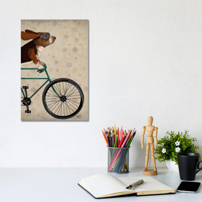 Basset Hound On Bicycle by Fab Funky - Wrapped Canvas Print