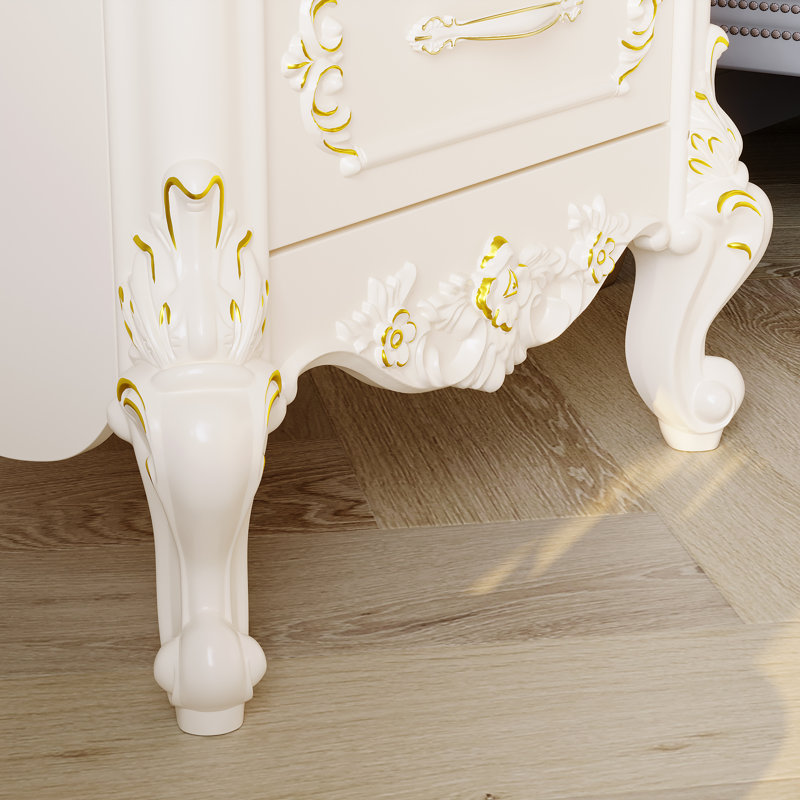 2 PC Elegant White Nightstand With Two Drawers And Gold Accents