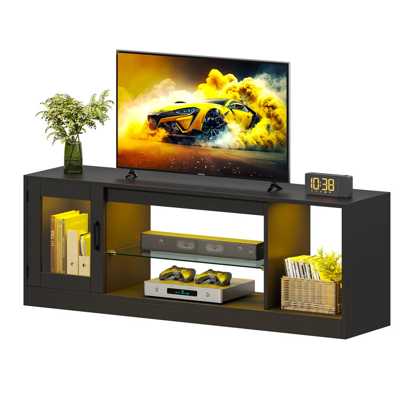 LED TV Unit for TVs up to 65 Inch, TV Cabinet , Gaming Entertainment Center with Adjustable Glass Shelf, Black