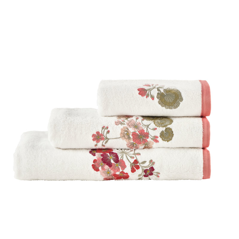 Flânerie Hand Towel, White towel with multicolor embroidery, Geranium flowers and foliage, Flânerie Bath towel