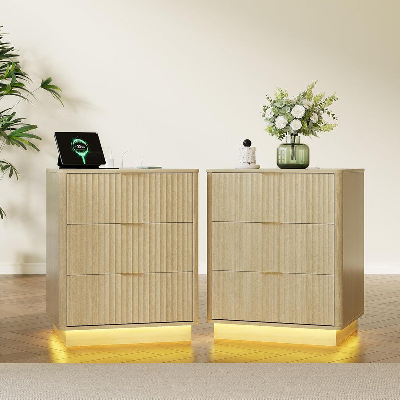 Ensemble de 2 tables de chevet cannelées avec station de charge et lumière DEL, table de chevet Mid-Century à 3 tiroirs pour la chambre à coucher