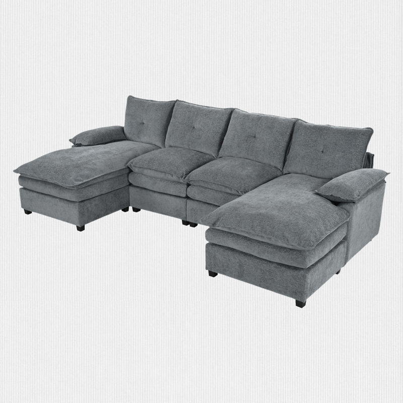 3 Pieces Upholstered U-Shaped Large Sectional Sofa With Thick Seat And Back Cushions, Gray