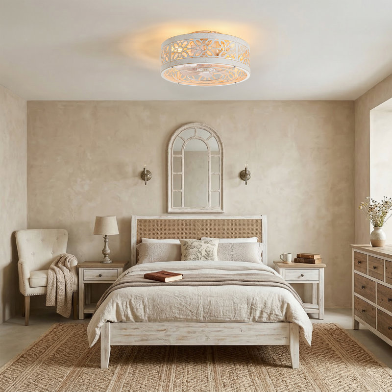 Varonique 16.5" Flush Mount Caged 7-Blade Distressed White Ceiling Fan with Light and Remote Control