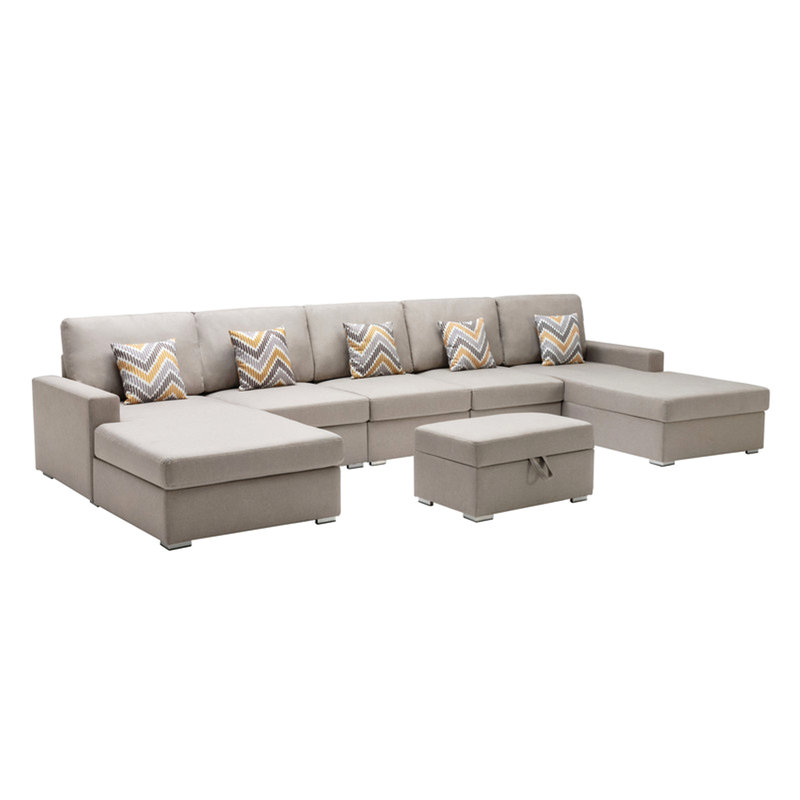 Canapé modulaire double 6 pièces en lin beige avec pieds et coussins de rangement interchangeables