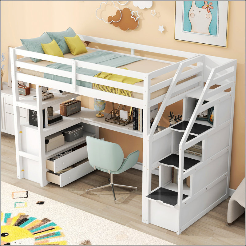 Lit mezzanine simple avec bureau et tablettes