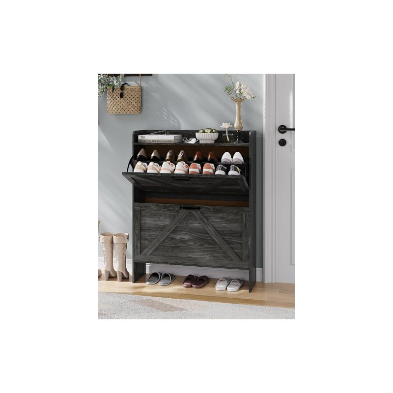 Shoe Cabinet with 3 Flip Drawers, Wooden Shoe Organizer Cabinet with Adjustable Shelf, Black