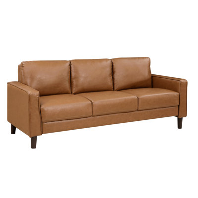 Canapé rustique 3 places en similicuir brun, accoudoirs droits, ressorts ensachés garnis de mousse, pieds en bois apparents, largeur d'assise 170 cm, confortable pour les espaces de vie, base en contreplaqué et massif, profondeur 56 cm