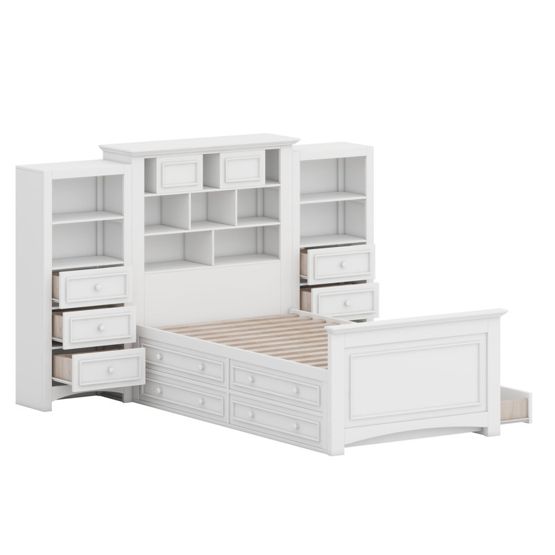 Base de lit plateforme en bois avec armoire verticale tout-en-un et deux tiroirs latéraux, Blanc