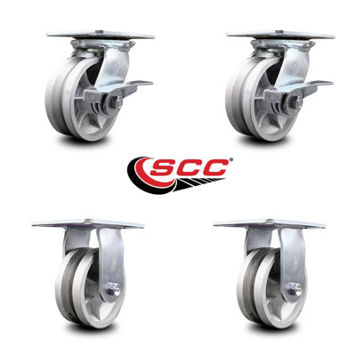 5 Inch V Groove Semi Steel Caster Set with Roller Bearing 2 Brakes and 2 Rigid