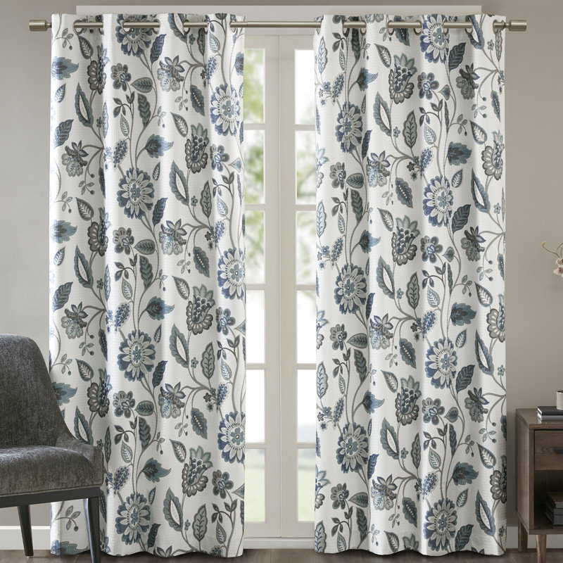 Aqua Floral Jacquard Room Darkening Grommet Curtains