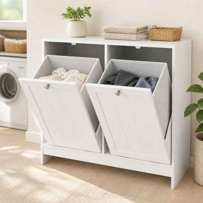 Armoire de panier à linge inclinable avec 2 paniers amovibles, organisateur de salle de lavage de ferme, blanc