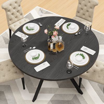 Table de salle à manger de 47 po pour 4 à 6 personnes, table de salle à manger avec tablette de rangement, plateau en grain de bois, pieds en métal noir, tables de salle à manger peu encombrantes, tables de cuisine circulaires, noir
