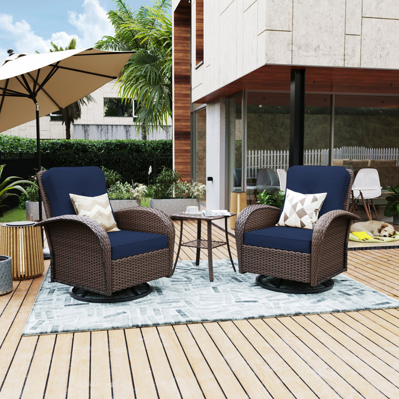  Chaises pivotantes en osier 3 pièces avec coussins bleu marine, Marine