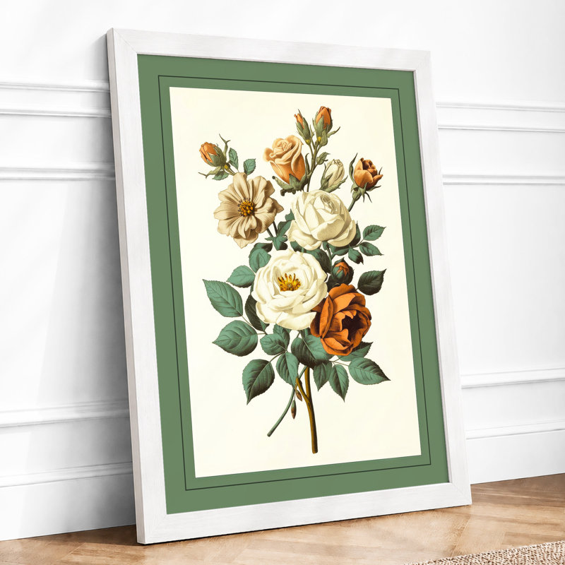 Golden Roses on Stem Botanical - Framed Print, A3 - 42.0 x 29.7 cm, White