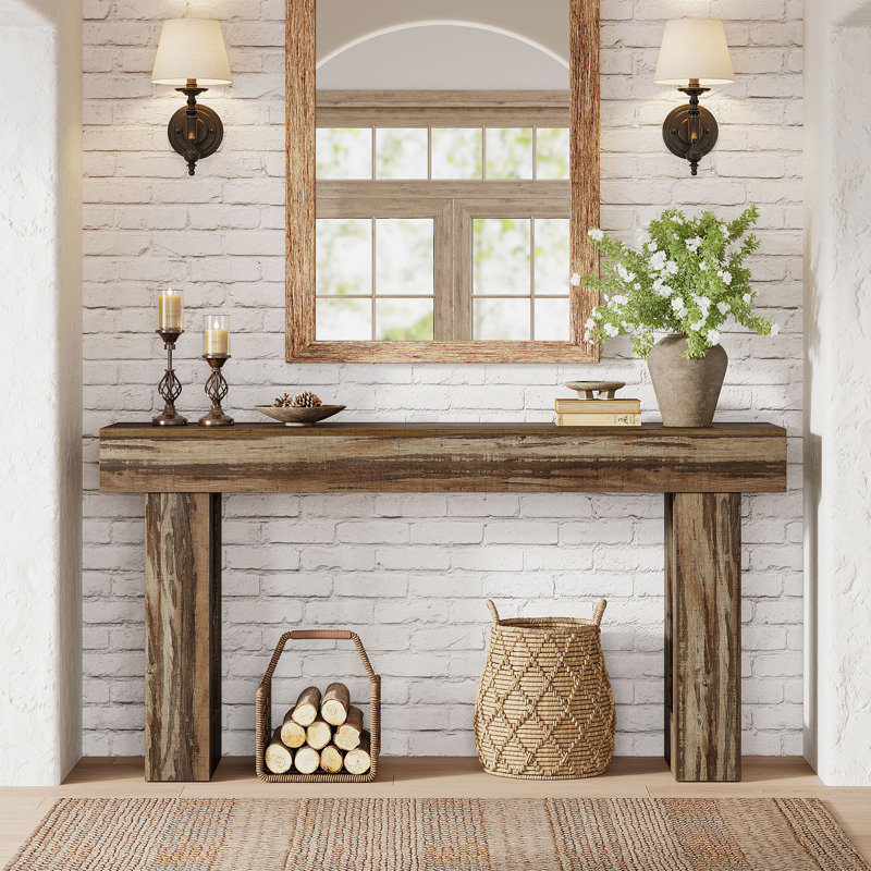 63" Farmhouse Console Table, Natural Wooden Sofa Table Rectangular Accent Console For Entryway, Hallway & Living Room (mottled Gray Brown)
