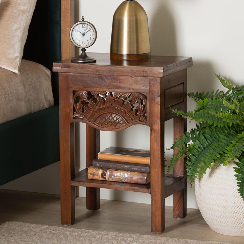 Bali & Pari Alexandra Handcarved Mahogany Wood Nightstand – Decorative Accent Table With Lower Shelf, Traditional Artisan Furniture