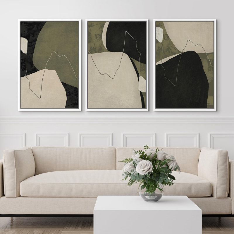 Nordic Shapes " Mid Century Modern Green Color Block Abstract Shapes Illustrations Art Decor Chic Bedroom Office " 3 - Pieces