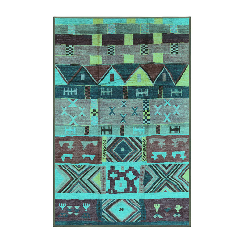 Tapis turquoise / brun en laine / polyester tissé à la machine Dessalines, Rectangle 4 pi x 6 pi