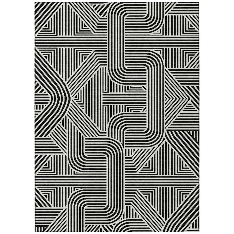Tapis extérieur lavable abstrait noir et ivoire 5 pi x 8 pi