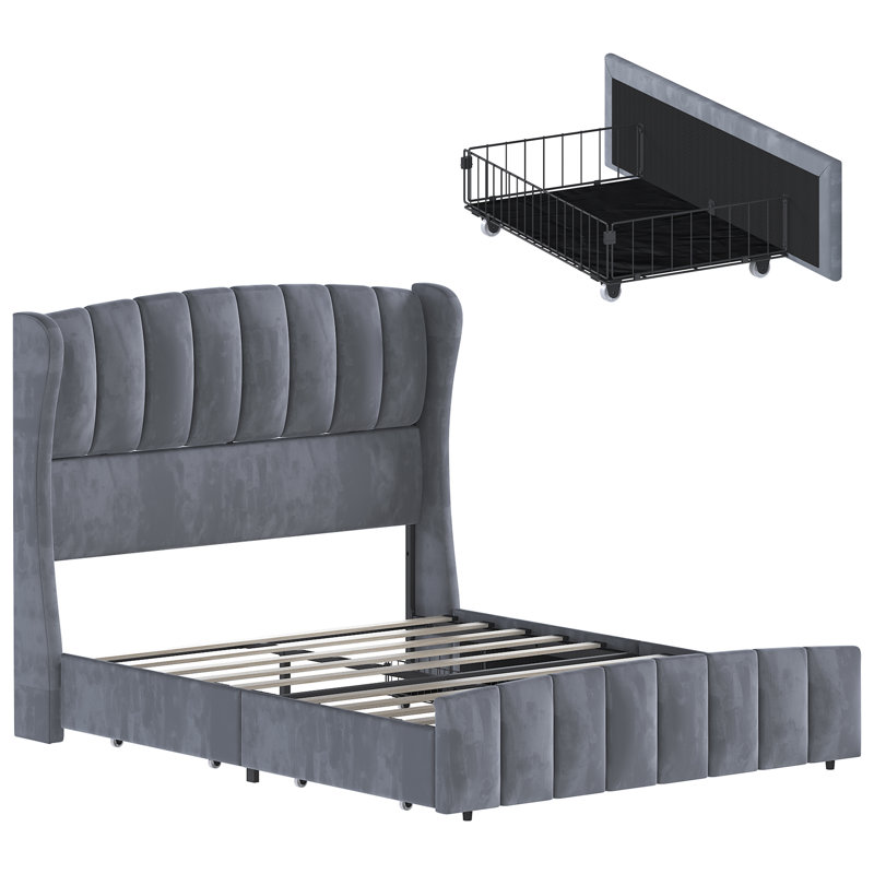 Structure de lit tapissier en velours, tête de lit capitonnée à oreilles de 54 po de hauteur, 4 tiroirs de rangement sous le lit, support robuste de 1 100 lb, conception silencieuse, aucun sommier tapissier requis