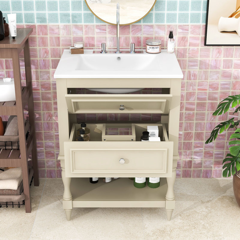 Meuble-lavabo autoportant rétro avec lavabo en céramique ultrabrillant, grand rangement et tablette ouverte, Beige