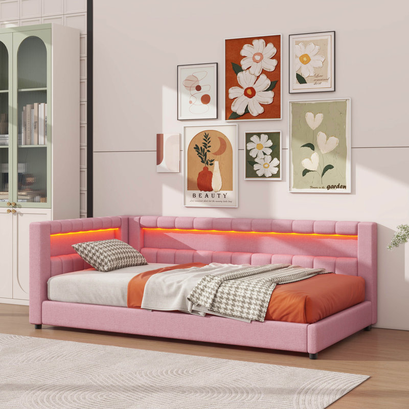 Twin XL Size Upholstered Daybed With Built-In Storage, L-Shaped Design With LED Strip And USB Ports, Linen Fabric Bed Frame