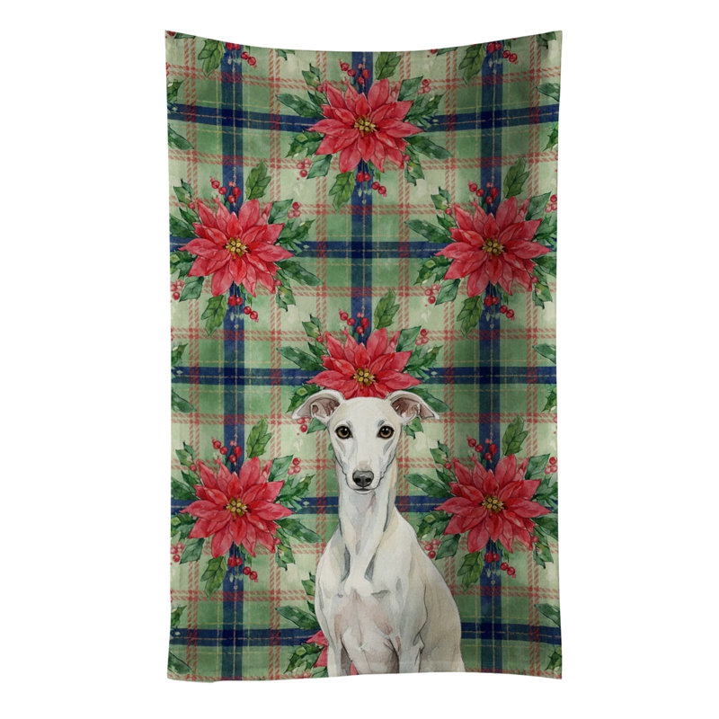 White Whippet Christmas PoinsettIas Kitchen Towel, White Whippet