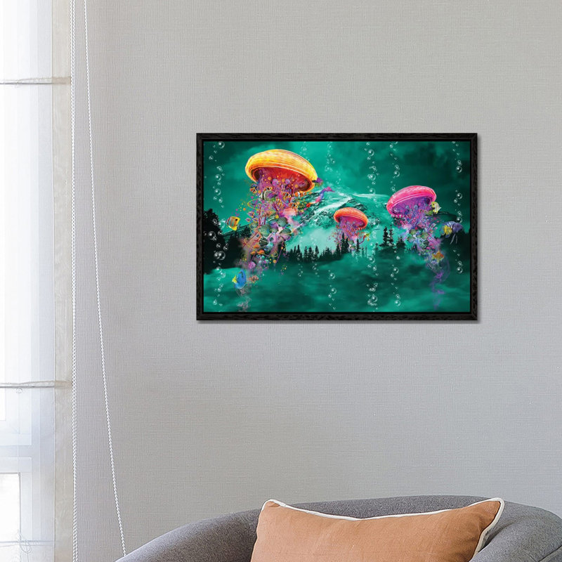 Electric Jellyfish In Front Of A Mountain by David Loblaw - Print on Canvas, 66.04 cm H x 45.72 cm W, Black Framed