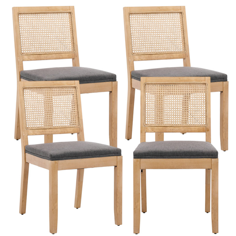 Mid Century Modern Farmhouse Style Rattan Dining Chairs, Cane Upholstered Kitchen Side Chair With Natural Hardwood Frame