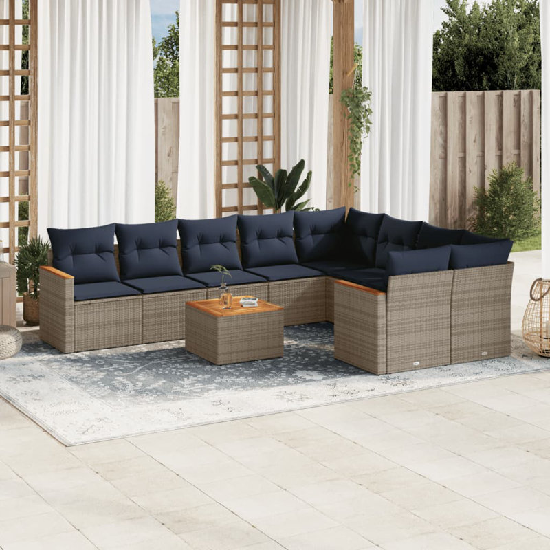 Ensemble de canapé de patio 10 pièces avec coussins en rotin de polyester, Gris, Marine