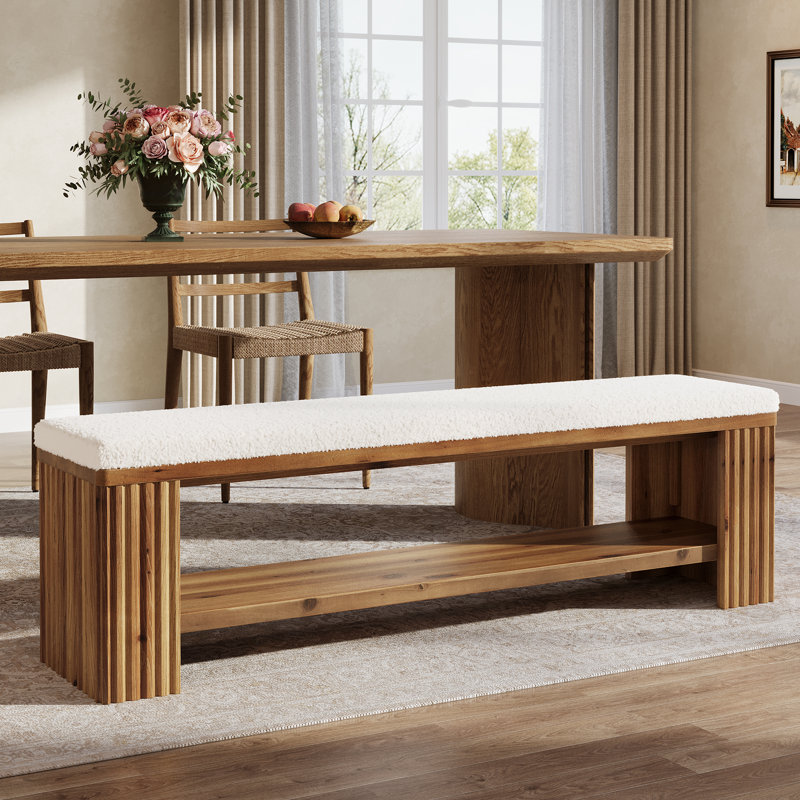 63" W Upholstered Bench with Open Storage, Light Brown