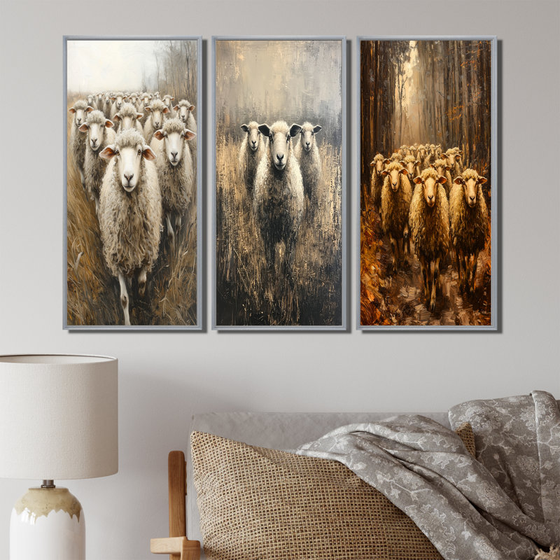 Minimalisme moutons Woolly Wanderers I - Collection de décorations murales moutons, H 40 po x l 60 po, Argent argent