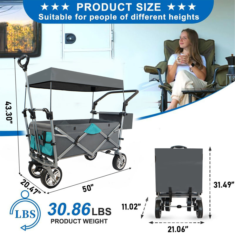 Wagon pliable à pousser et tirer avec auvent amovible, gris