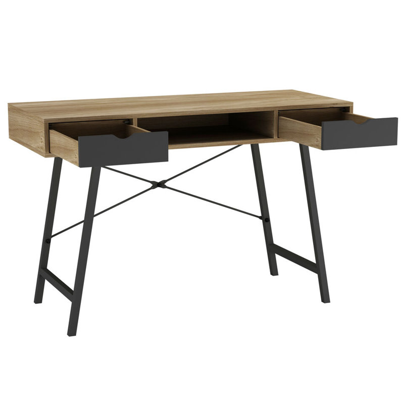 Mid-Century Wood Writing Desk Computer Laptop Bureau with 2 Drawers Home Office, Black