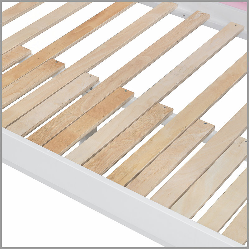 Lit superposé en bois en forme de maison avec glissière et escalier de rangement, cadre de lit simple / simple pour enfant, blanc + rose